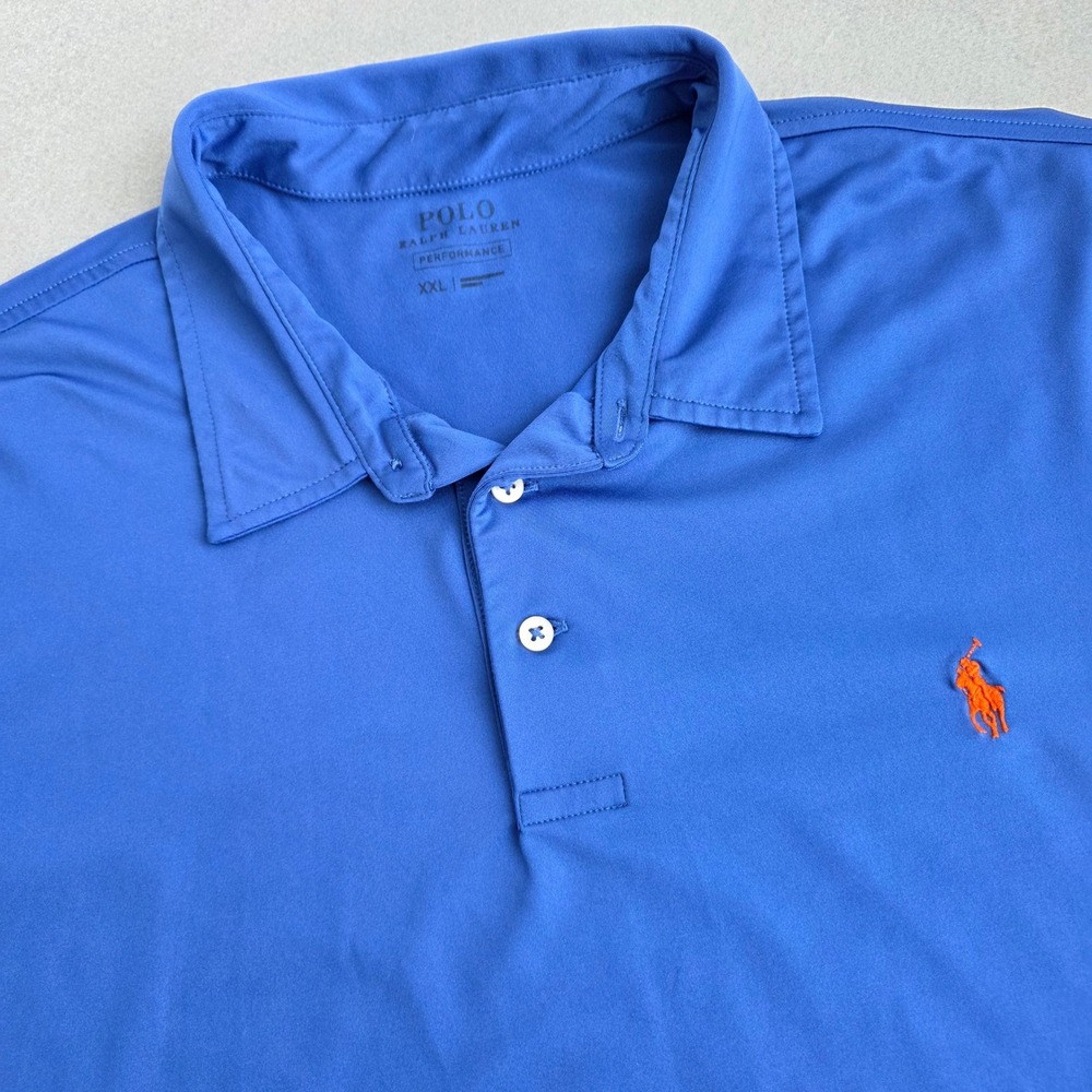 Polo Ralph Lauren Performance Blue Orange Pony Polo Shirt Mens XXL Short Sleeve
